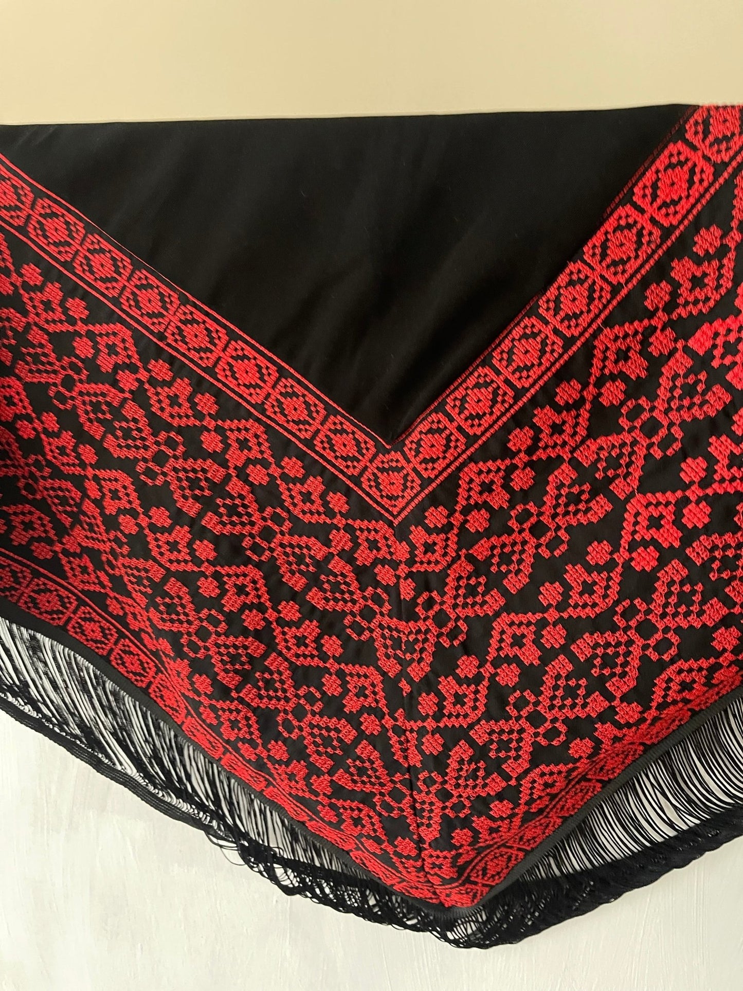 Elegant Red Tatreez-Embroidered Black Fringe Scarf - Desert Goddess