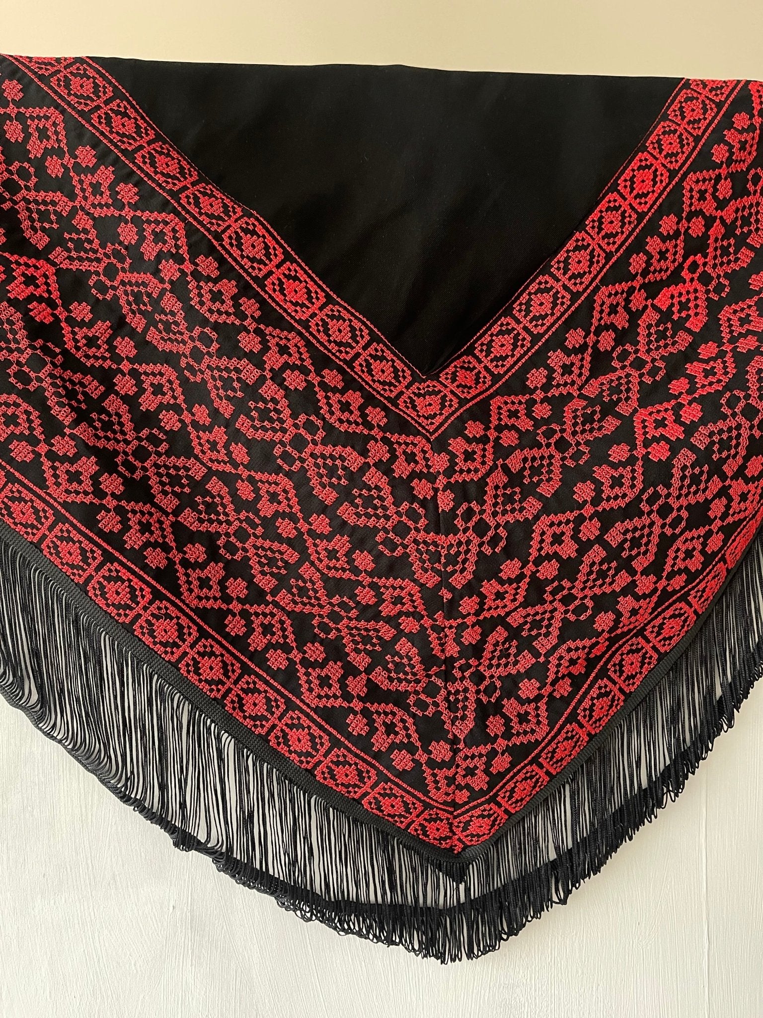 Elegant Red Tatreez-Embroidered Black Fringe Scarf - Desert Goddess