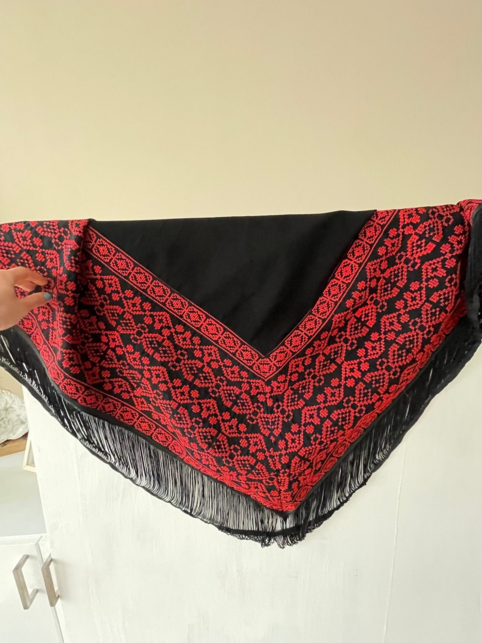 Elegant Red Tatreez-Embroidered Black Fringe Scarf - Desert Goddess