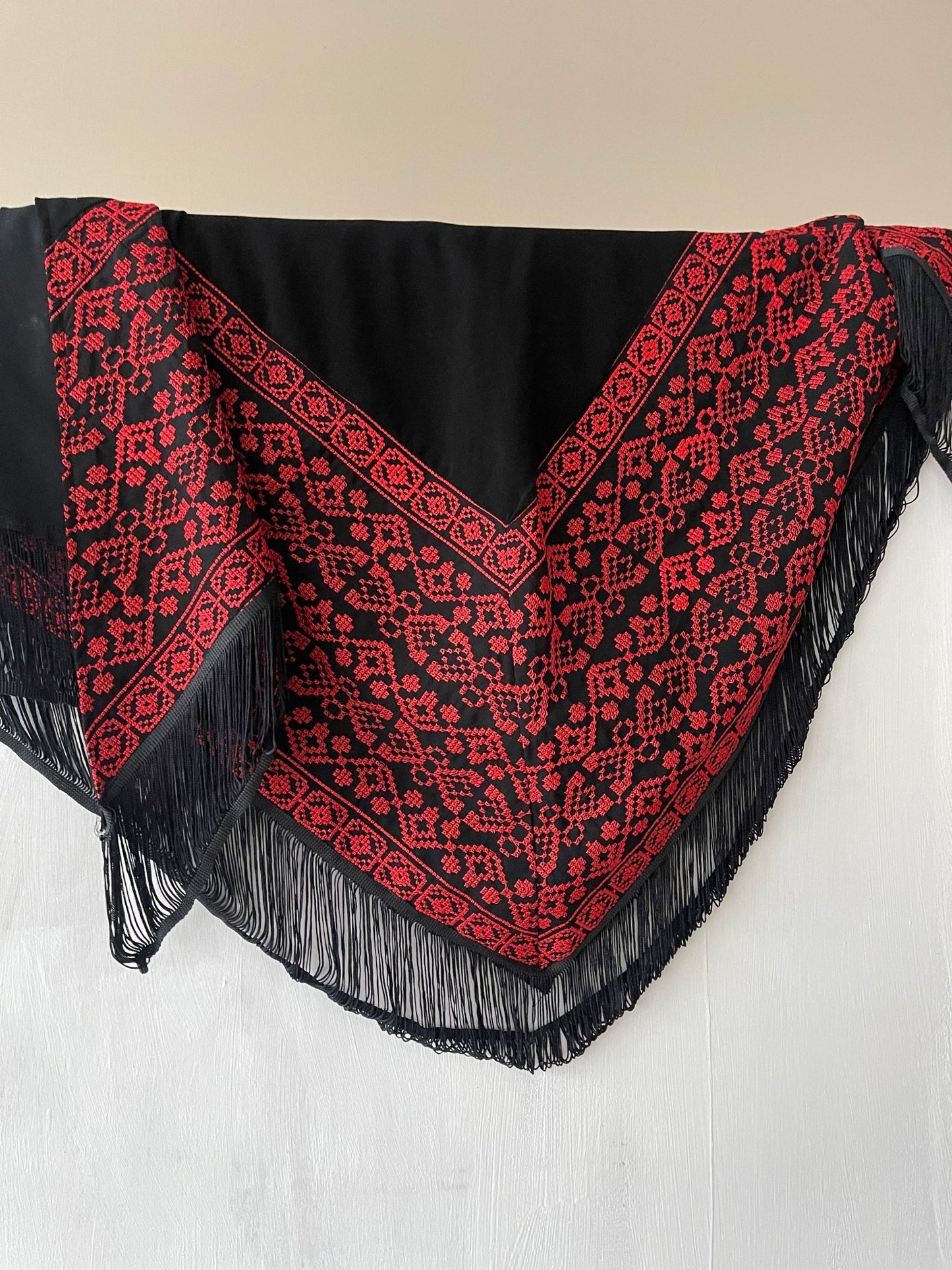 Elegant Red Tatreez-Embroidered Black Fringe Scarf - Desert Goddess